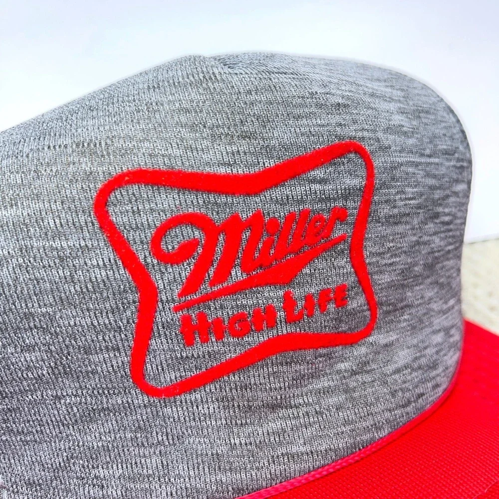 Vintage Miller High Life Trucker Hat Cap Snapback Beer Heather Gray Red‎ 90s